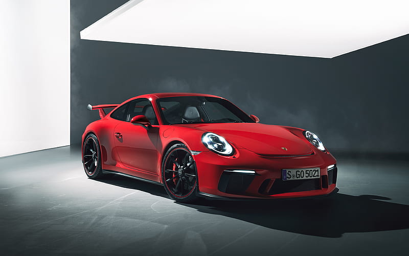 Porsche 911 GT3, 2018 red sports coupe, German cars, sports cars, tuning, red-black wheels, Porsche, HD wallpaper