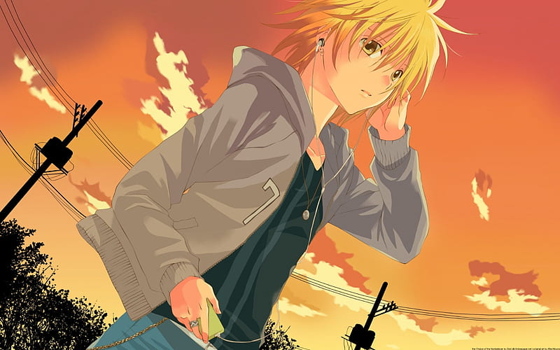 Anime boy and his music, music, headphones, sunset, clouds, cute, boy, anime,  HD wallpaper | Peakpx