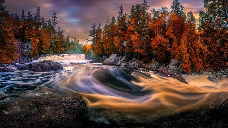 Tettegouche State Park, Minnesota, river, clouds, trees, colors, autumn, sky, forest, usa, stream, HD wallpaper