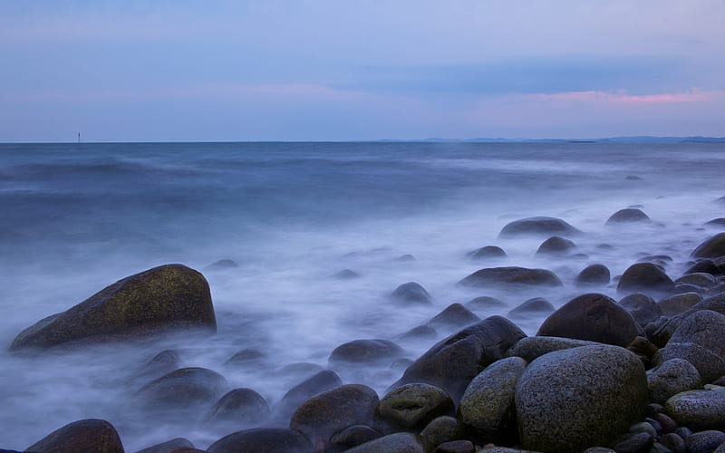 Evening By The Sea, pretty, rocks, lovely, pebbles, bonito, sunset, waves, sea, stones, beaches, nature, evening, HD wallpaper