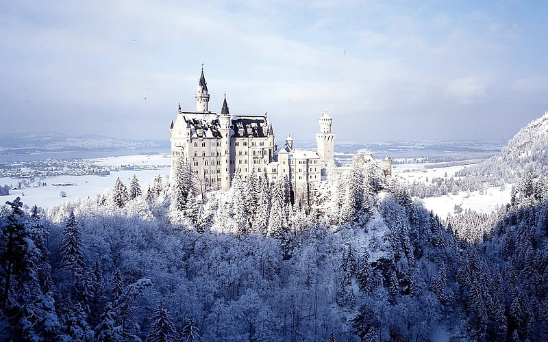 Neuschwanstein Castle, winter, forest, Bavaria, Germany, HD wallpaper