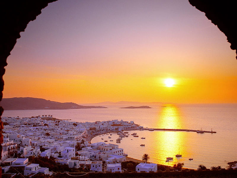 The Cyclades Islands at Sundown, greece, greek, sun, window, houses, sunset, sky, sea, harborwhite, gold, village, island, HD wallpaper