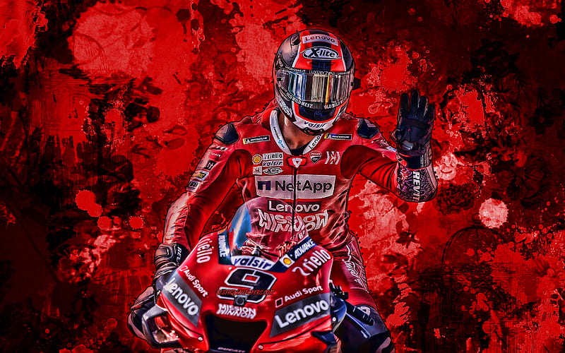 Danilo Petrucci, red paint splashes, MotoGP, 2019 bikes, Ducati Desmosedici GP19, grunge art, Mission Winnow Ducati Team, Ducati, HD wallpaper