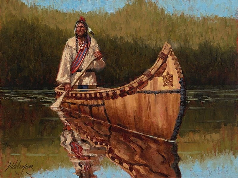 Indian in Canoe, Native American, American Indian, canoe, Indian, HD wallpaper