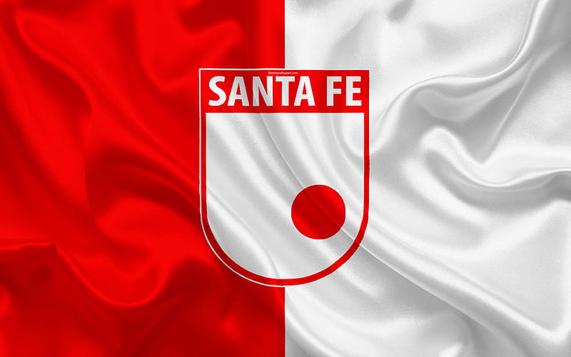 Independiente Santa Fe logo, Colombian football club, silk texture, red white flag, Categoria Primera A, Bogotá, Colombia, football, Liga Aguila, Santa Fe FC, HD wallpaper