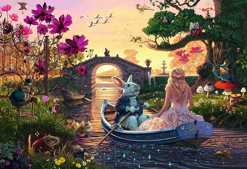 Wonderland, water, boat, white rabbit, art, bunny, summer, fantasy, alice, flower, bridge, vara, HD wallpaper