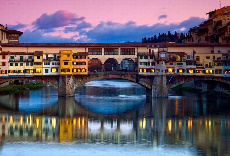 Ponte-Vecchio, cool, reflections at-sunset, HD wallpaper