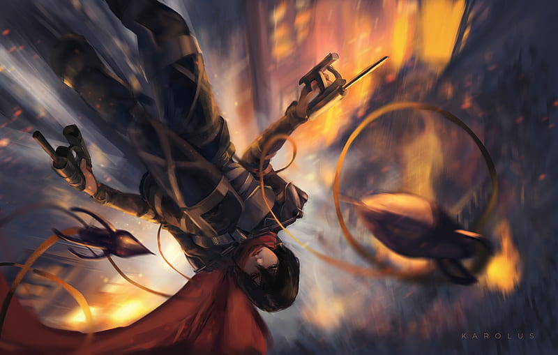 mikasa ackerman, falling down, red scarf, attack on titan, semi realistic, shingeki no kyojin, Anime, HD wallpaper