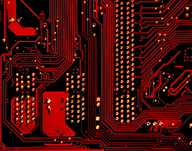 circuit, lines, points, electronics, red, HD wallpaper