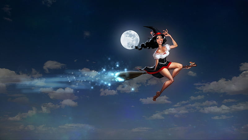Flying Witch, moon, clouds, sky, artwork, broom, HD wallpaper