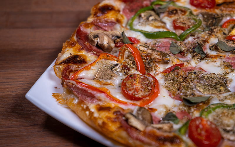 pizza, delicious food, mushroom pizza, pizza background, mushroom, HD wallpaper
