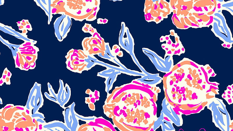 Pink Orange Flowers Blue Leaves In Dark Blue Background Preppy, HD wallpaper