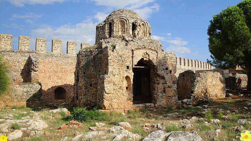 The time of the Byzantine church, roemer, byzans, beach, sun, history, castle, sea, HD wallpaper
