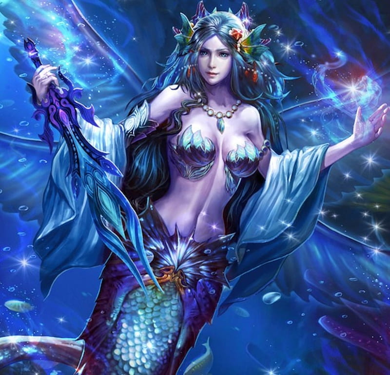 Mermaid, female, bonito, abstract, woman, sea, sparkles, sweet, fantasy, water, lady, ocena, blue, HD wallpaper