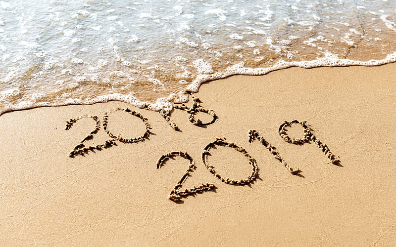 2019 year, concepts, sand writing, beach, sea, 2018 to 2019, New Year, HD wallpaper