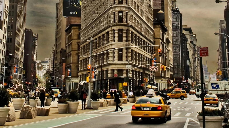 flatiron building on broadway in manhattan r, city, cabs, streets, buildings, HD wallpaper