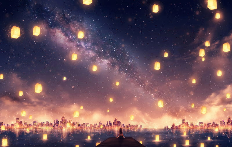 Anime, Original, City, Girl, Lantern, Sky, Stars, HD wallpaper