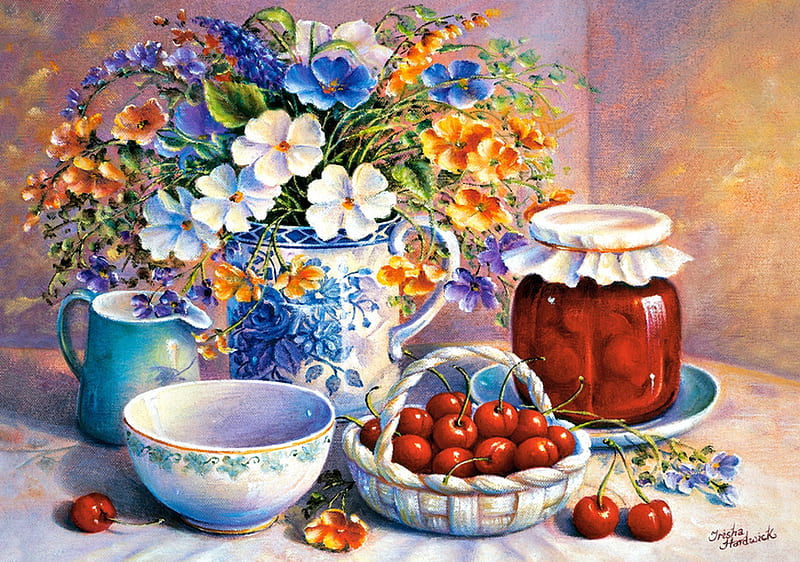 Cherries in china basket, painting, pictura, blue, cirese, cherry, red, art, fruit, jar, flower, HD wallpaper
