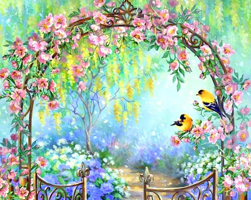 Splendor of Spring, pretty, lovely, colors, love four seasons, birds, bonito, spring, trees, paintings, flowers, garden, nature, animals, HD wallpaper