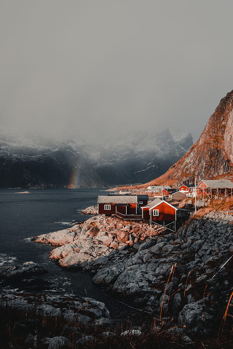 houses, mountains, fog, rainbow, lofoten, norway, HD phone wallpaper