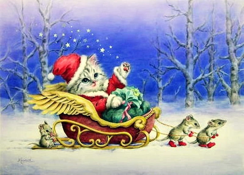 Santa and the Helpers, pretty, draw and paint, holidays, rats, adorable, xmas and new year, sledding, animals, lovely, colors, love four seasons, creative pre-made, winter, cute, weird things people wear, cats, kitten, HD wallpaper
