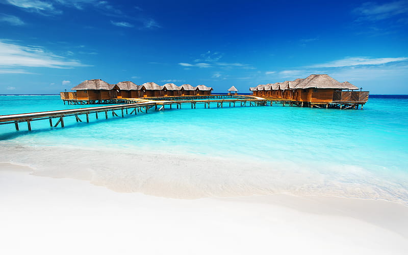 Maldives, bungalow ocean, blue lagoon, hotel over water, tropical islands, travel concepts, HD wallpaper