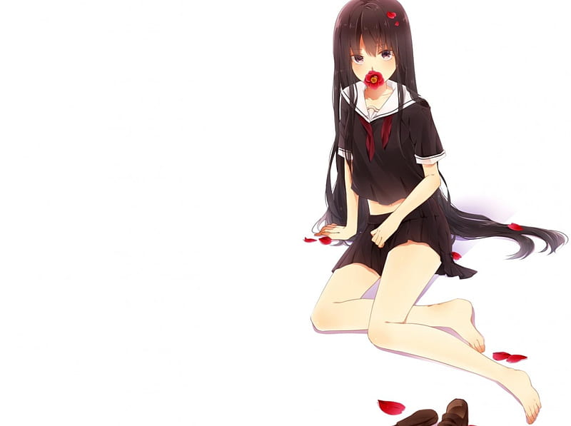 The Girl & The Poppy, red petals, poppy, bonito, brown shoes, girl, uniform, anime, barefoot, black outfit, long hair, black hair, HD wallpaper