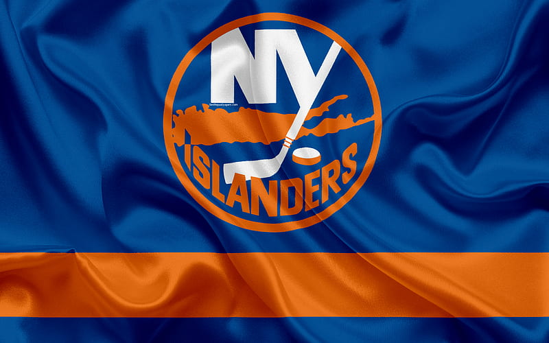 New York Islanders flag, NHL, orange blue metal background, american hockey  team, HD wallpaper
