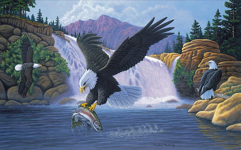 Sanctuary, eagles, mountain, fish, painting, waterfall, river, nature, artwork, HD wallpaper