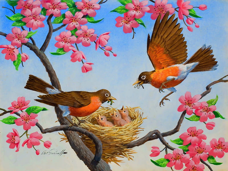 Birds family, family, art, birds, spring, tree, nest, painting, blossoms, flowering, care, blooming, HD wallpaper