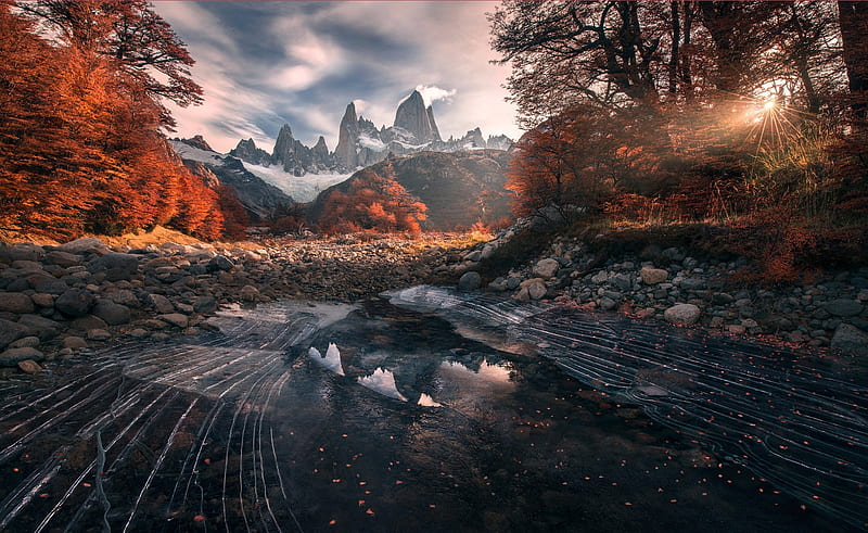 chile patagonia, autumn, sun rays, trees, stream, Nature, HD wallpaper