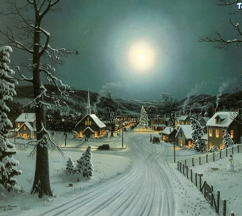 Christmas Village 30, christmas, night, tree, village, HD wallpaper