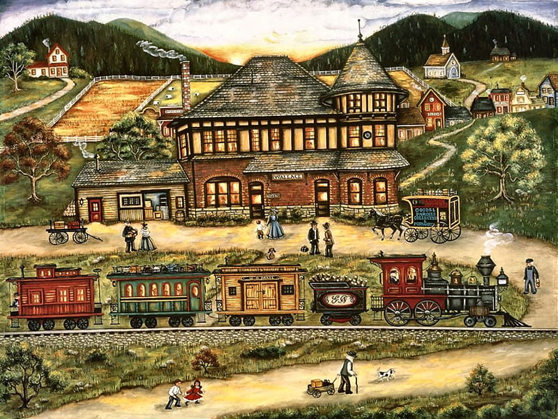 Wallace Station, railroad, art, locomotive, bonito, illustration, artwork, train, engine, painting, wide screen, tracks, HD wallpaper