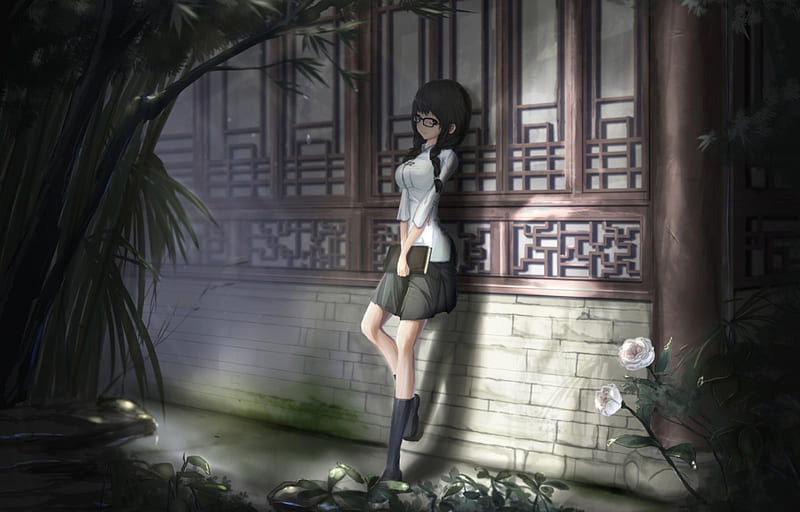 Stand in the Light, pretty, lovely, black, shadow, bonito, bamboo, cute, school, girl, green, anime, gris, flowers, beauty, white, light, HD wallpaper