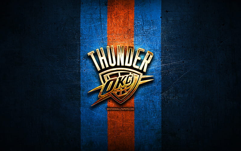 Oklahoma City Thunder, golden logo, NBA, blue metal background, american basketball club, OKC, Oklahoma City Thunder logo, basketball, USA, OKC logo, HD wallpaper