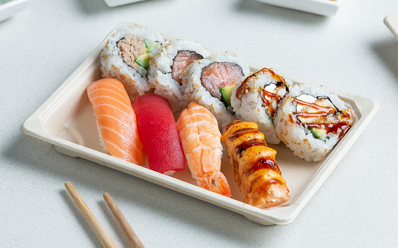 sushi set, nagiri, uramaki, sushi, asian food, bokeh, fastfood, HD wallpaper