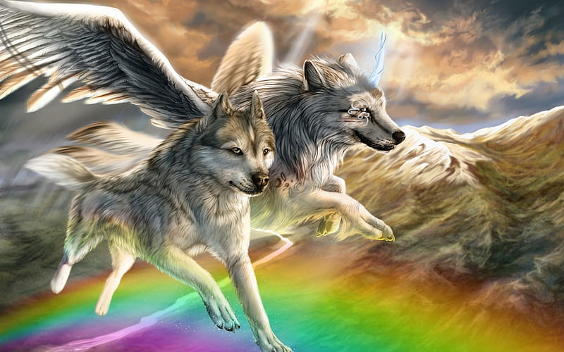Fantasy wolves, art, fantasy, wings, angel, digital, rainbow, wolf, animal, HD wallpaper