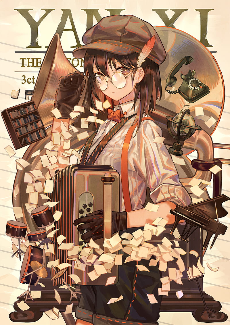 anime, anime girls, brunette, glasses, brown eyes, musical instrument, round glasses, HD phone wallpaper