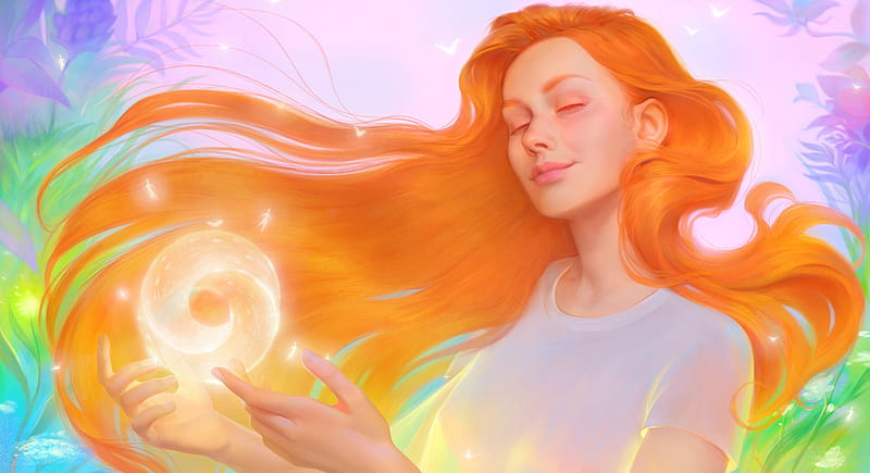 Magic, fantasy, orange, girl, yellow, maria poliakova, maria poliakova bondarenko, colorful, art, frumusete, redhead, HD wallpaper