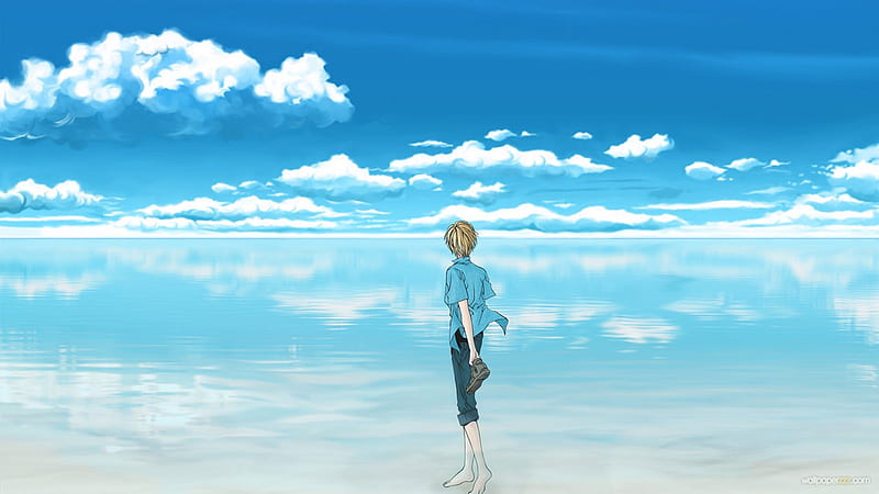 Boy on the beach, cloud, ocean, angel, sky, sea, beach, boy, anime, blue, HD wallpaper