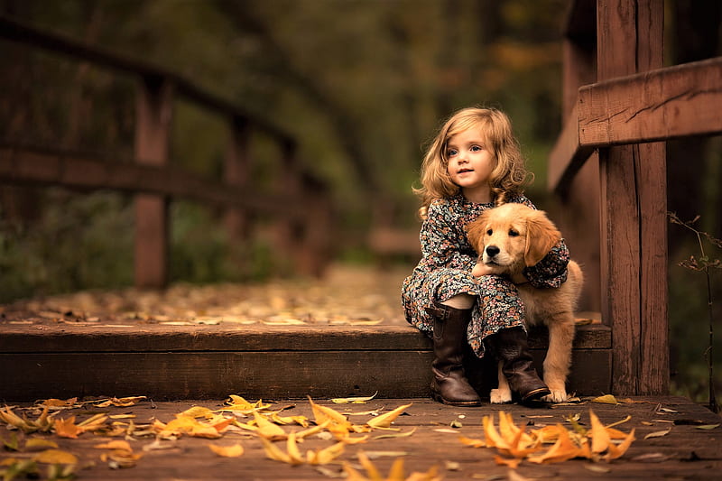 Little Girl With Golden Retriever Puppy, little-girl, labrador-retriever, dog, animals, labrador, cute, children, HD wallpaper