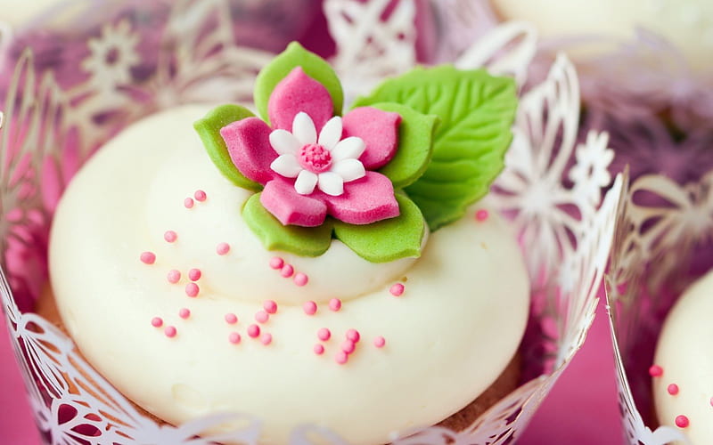 Marzipan flower, candy, food, spring, sweet, leaf, cupcake, green, flower, white, pink, cream, muffin, HD wallpaper