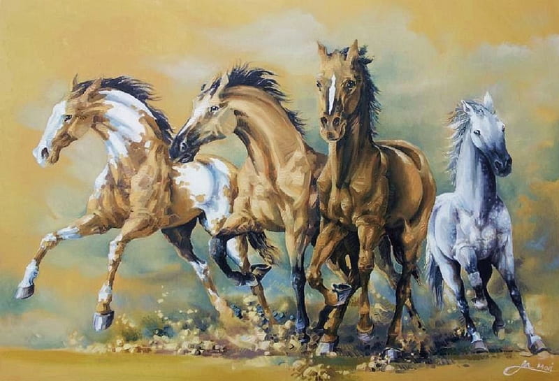 horses in gallop, painting, gallop, horses, animals, HD wallpaper