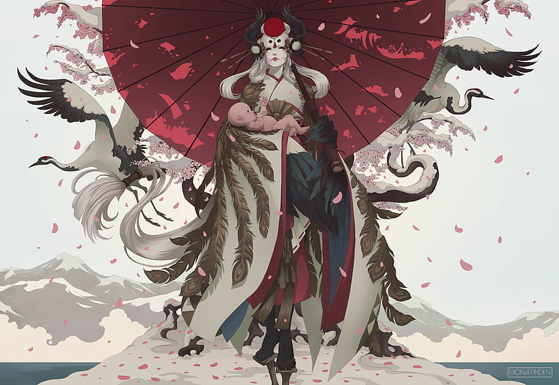 The Geisha, children, feather, goose, hood, mantle, petals, umbrella, woman, HD wallpaper