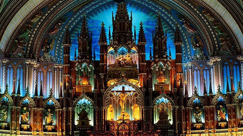 Architecture, Interior, Statue, Colorful, Church, Cathedral, Religion, Religious, Christian, Notre Dame Basilica (Montreal), Basilicas, HD wallpaper