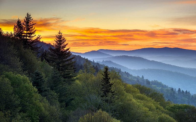 Smoky Mountains Sunset, mist, landscape, colors, trees, sky, clouds, HD wallpaper