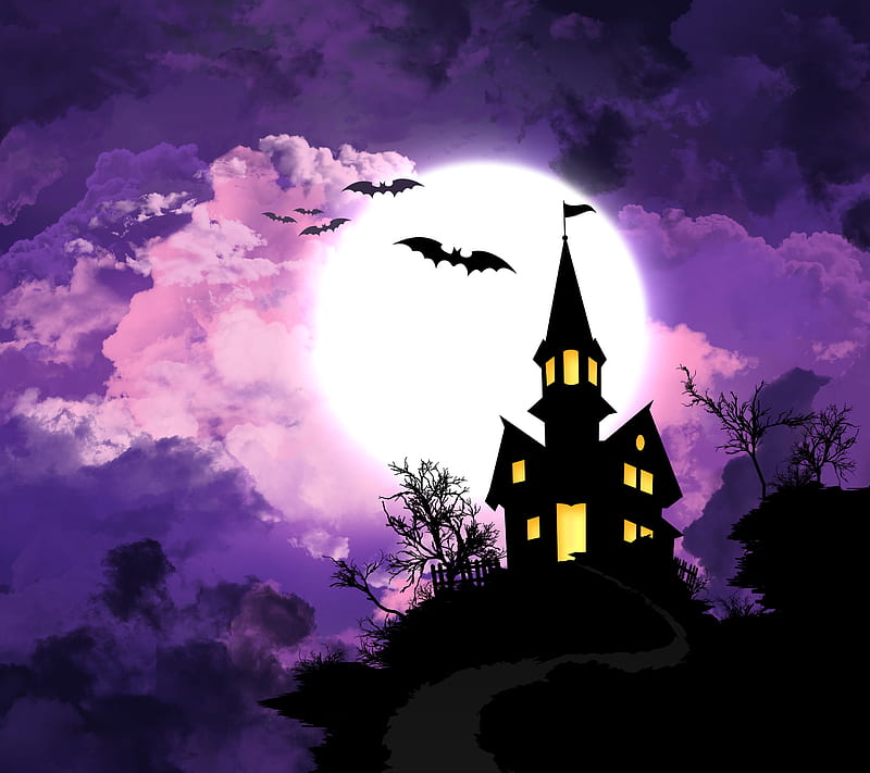 Haunted, bats, halloween, holiday, moon, HD wallpaper