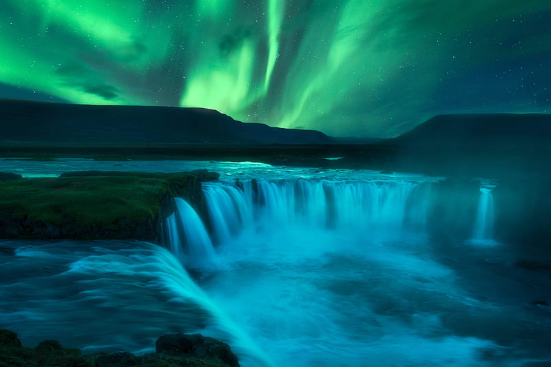 Aurora Borealis over Godafoss Waterfall, Iceland, waterfall, northern lights, nature, iceland, HD wallpaper