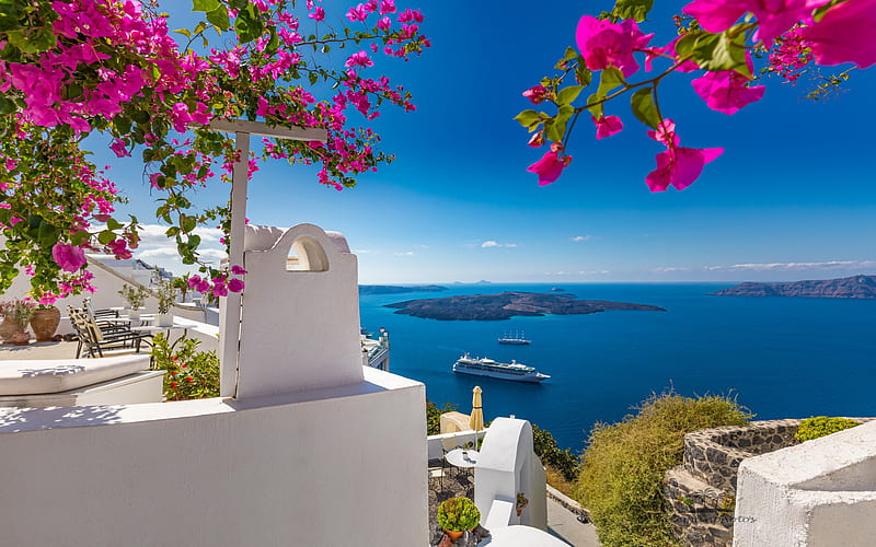 Oia, Santorini, Thira, Aegean Sea, cruise ship, white houses, romantic island, greek resort, islands, Greece, HD wallpaper
