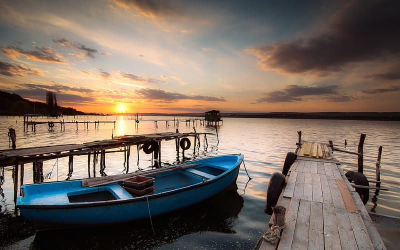 Lake Varna, sunset, pier, boat, Bulgaria, HD wallpaper